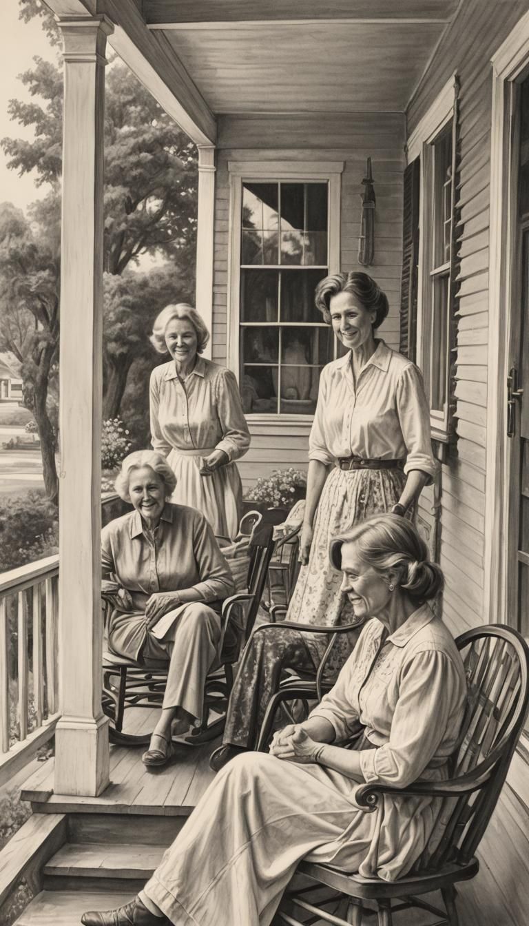 Vintage Pencil Drawing: Women on a Canadian Porch
