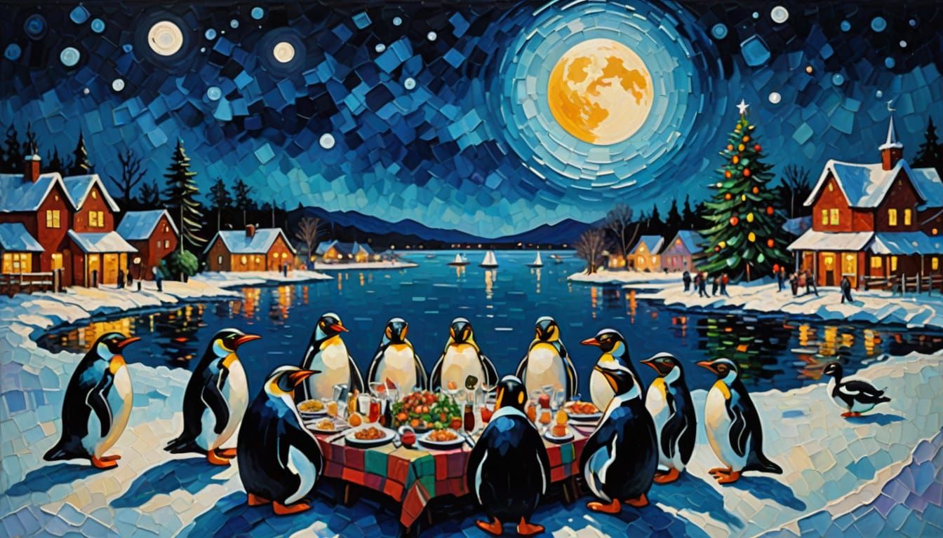 Peaceful Winter Scene in Expressionist Neo-Impressionist Oil...