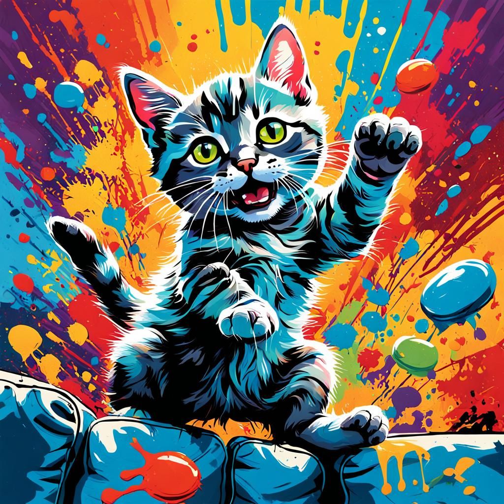 kitten incape, dramatically leaping off a couch while lookin...