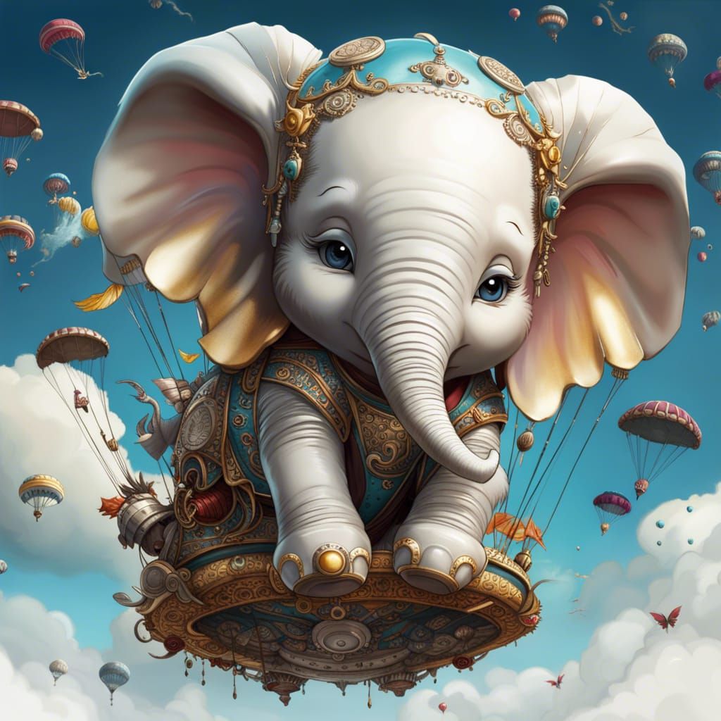 Cute Chibi Elephant Skydiving: Fantasycore Artwork
