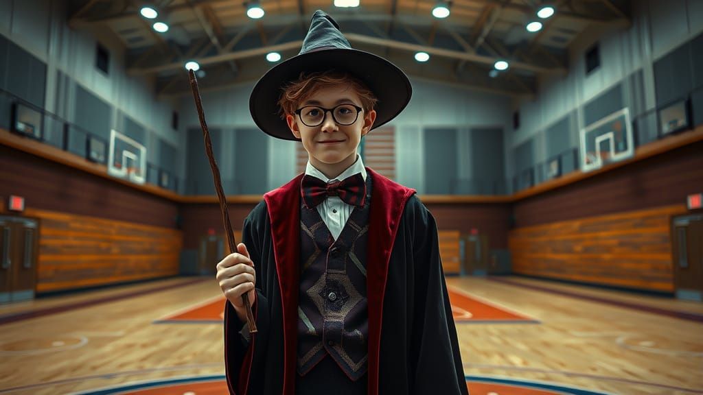 Nerdy Wizard on a Basketball Court