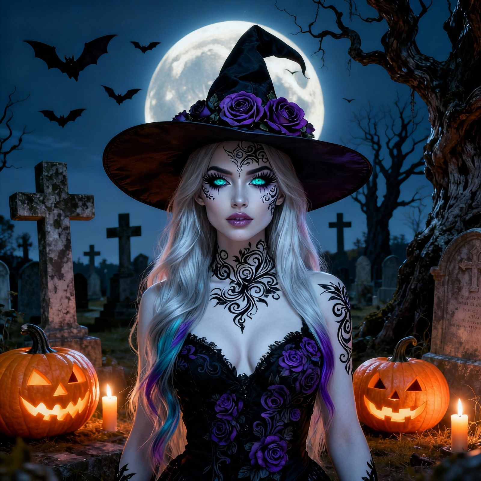 Mysterious Woman in Moonlit Halloween Graveyard Portrait