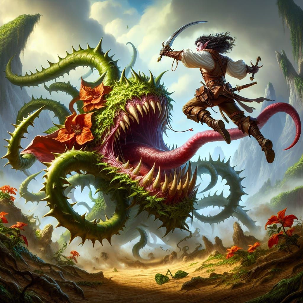 Epic Elf Warrior Battles Deadly Thorny Plant