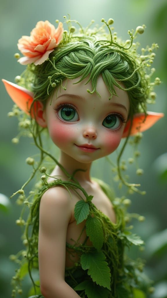 Ethereal Fairy with Green Twig Hair in Misty Rainforest