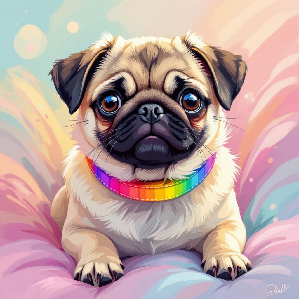 Rainbow Collared Pug in Pastel Dreamscape