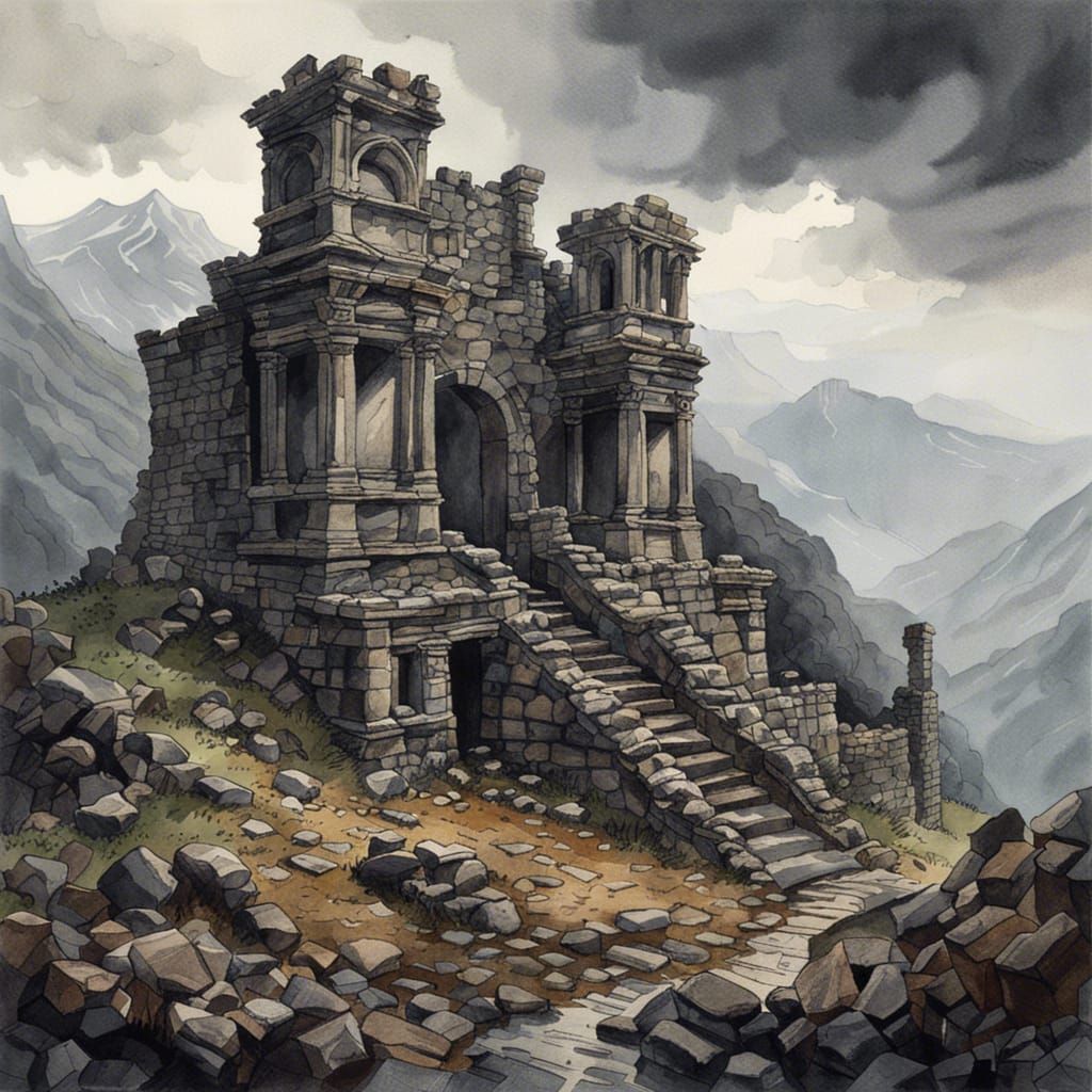Moody Watercolor of Mountain Ruins in Fog