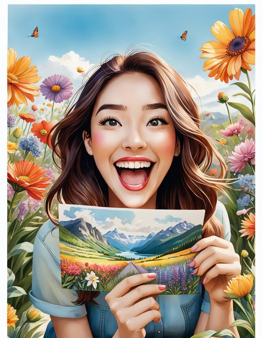 Excited Girl Reads Scenic Watercolor Postcard