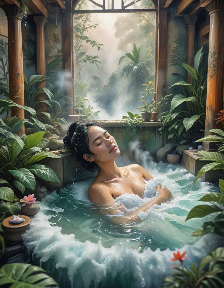 Woman in Blissful Hot Springs Bath Scene