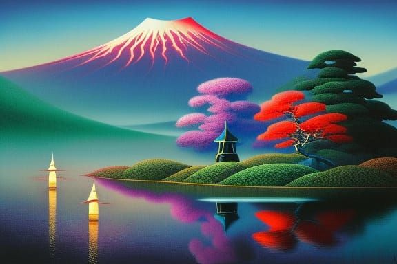 Mount Fuji Landscape with Pagoda in Modern Japanese Style