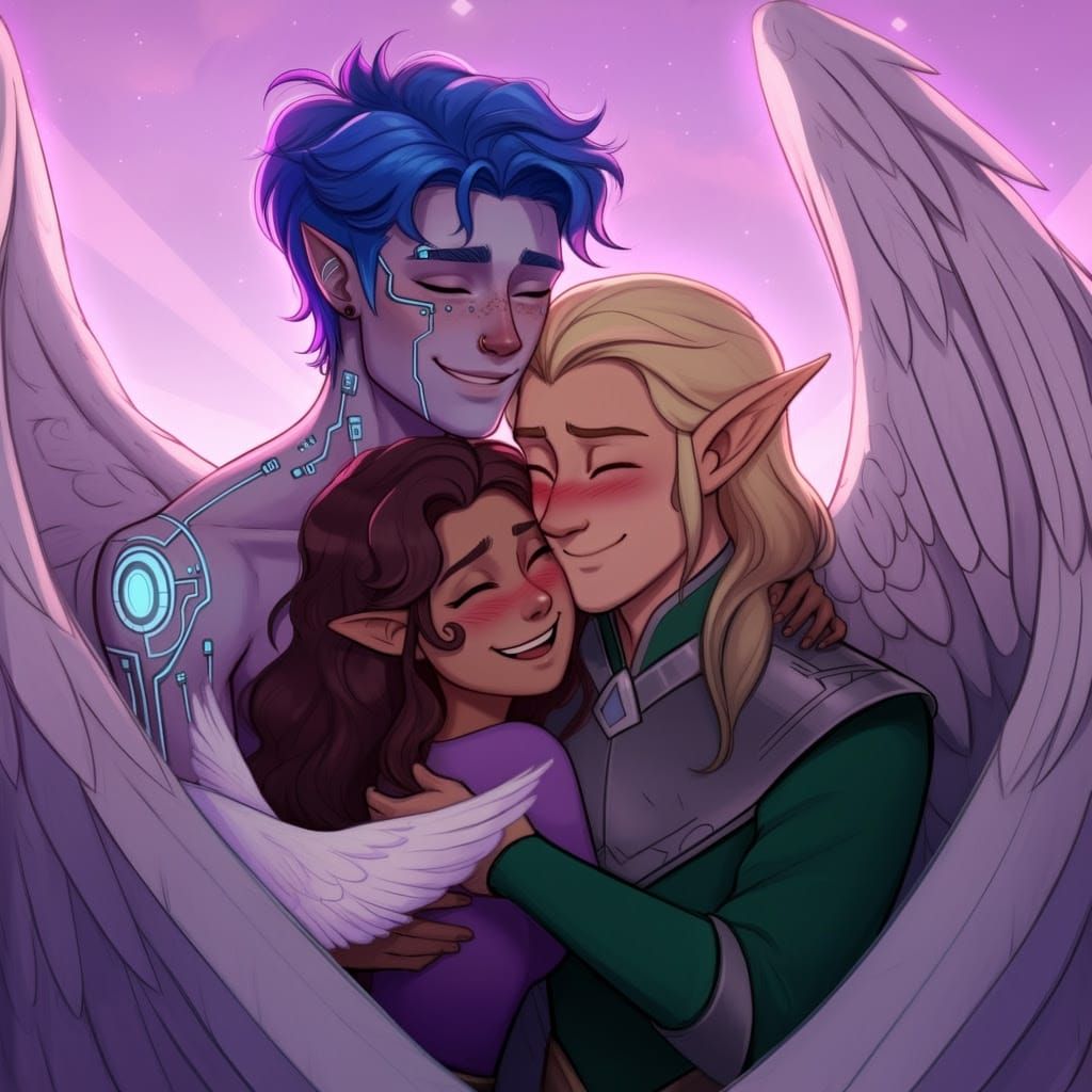 Polyamorous Angel, Elf, and Human Embrace in Whimsical Style