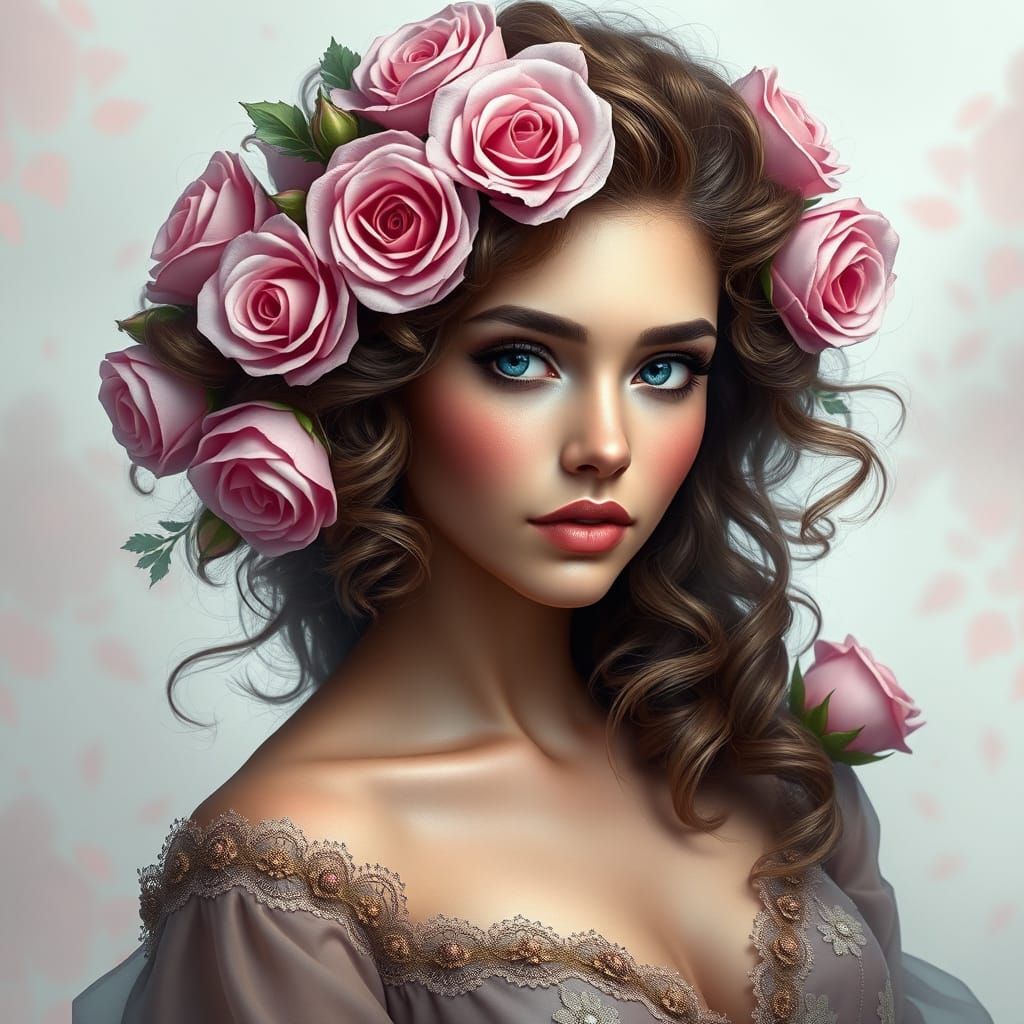 A serene portrait of a beautiful woman with lush, curly hair adorned with pink roses. Her striking blue eyes and soft ma...