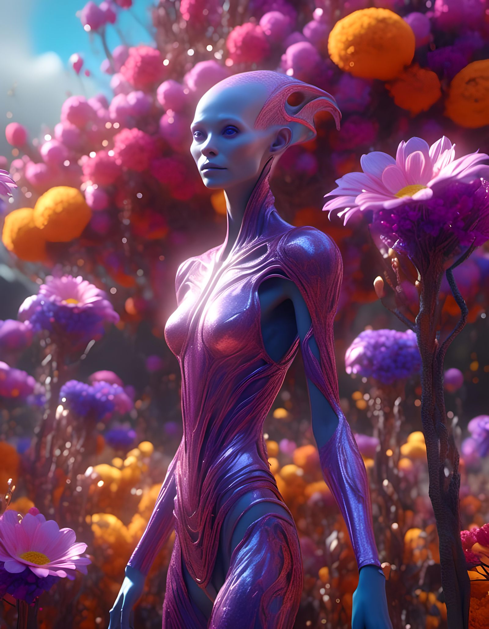 Elegant Alien Beauty Among Colorful Flowers