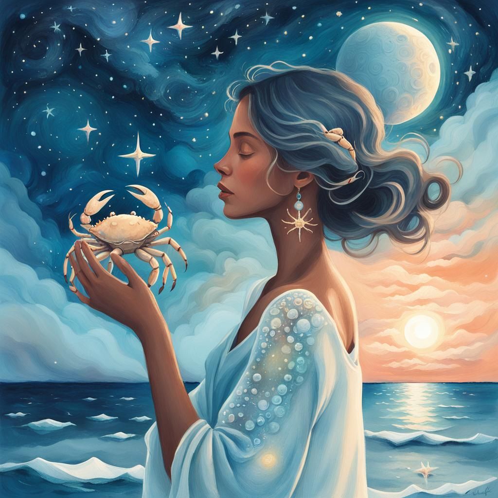 Cancer Zodiac Astrology Portrait in Dreamy Pastel Blues and...