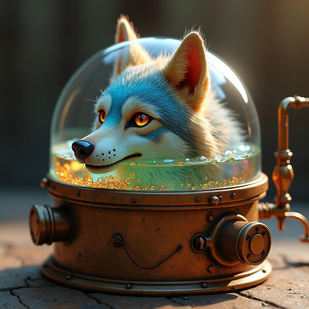Steampunk Copper Container with Iridescent Wolf Head