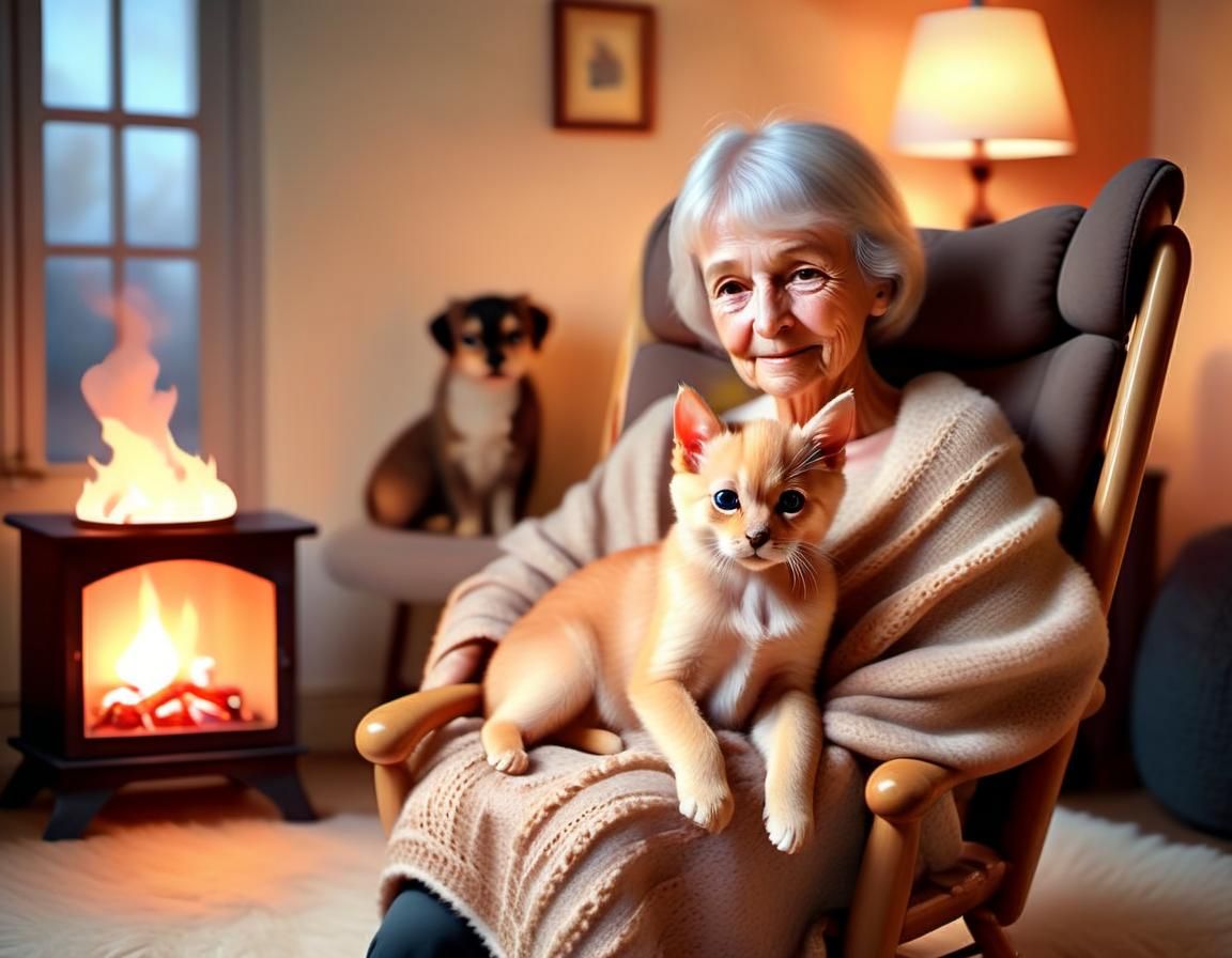 Cosy Grandmother with Cat and Dog, in Watercolours