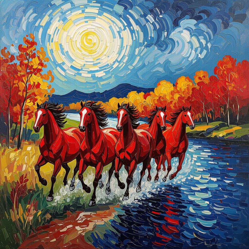 Red Horses in Van Gogh Style