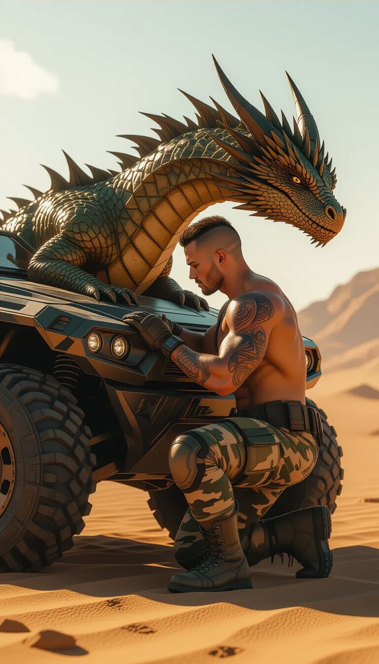 Warrior and Dragon in Apocalyptic Landscape