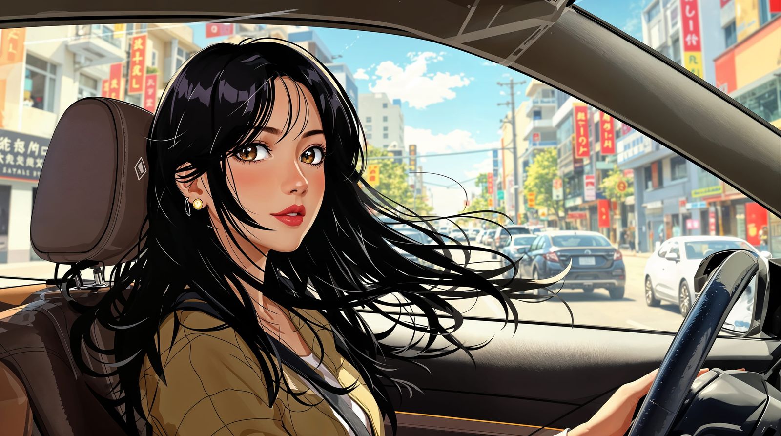 Woman Riding in Car with Cartoonish Urban Scene