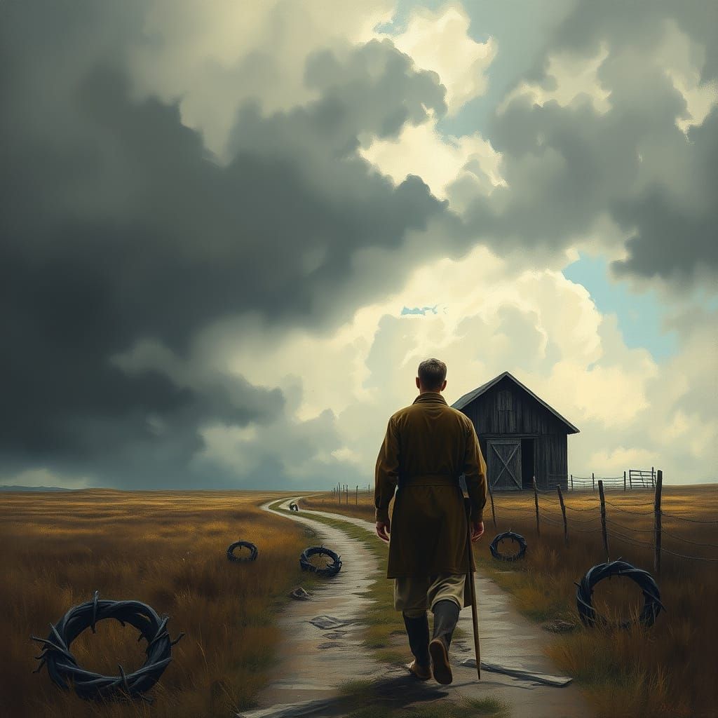 Eerie Landscape with Figure in Vintage Style