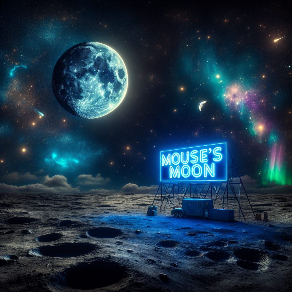 Neon Sign on the Moon with Starry Sky