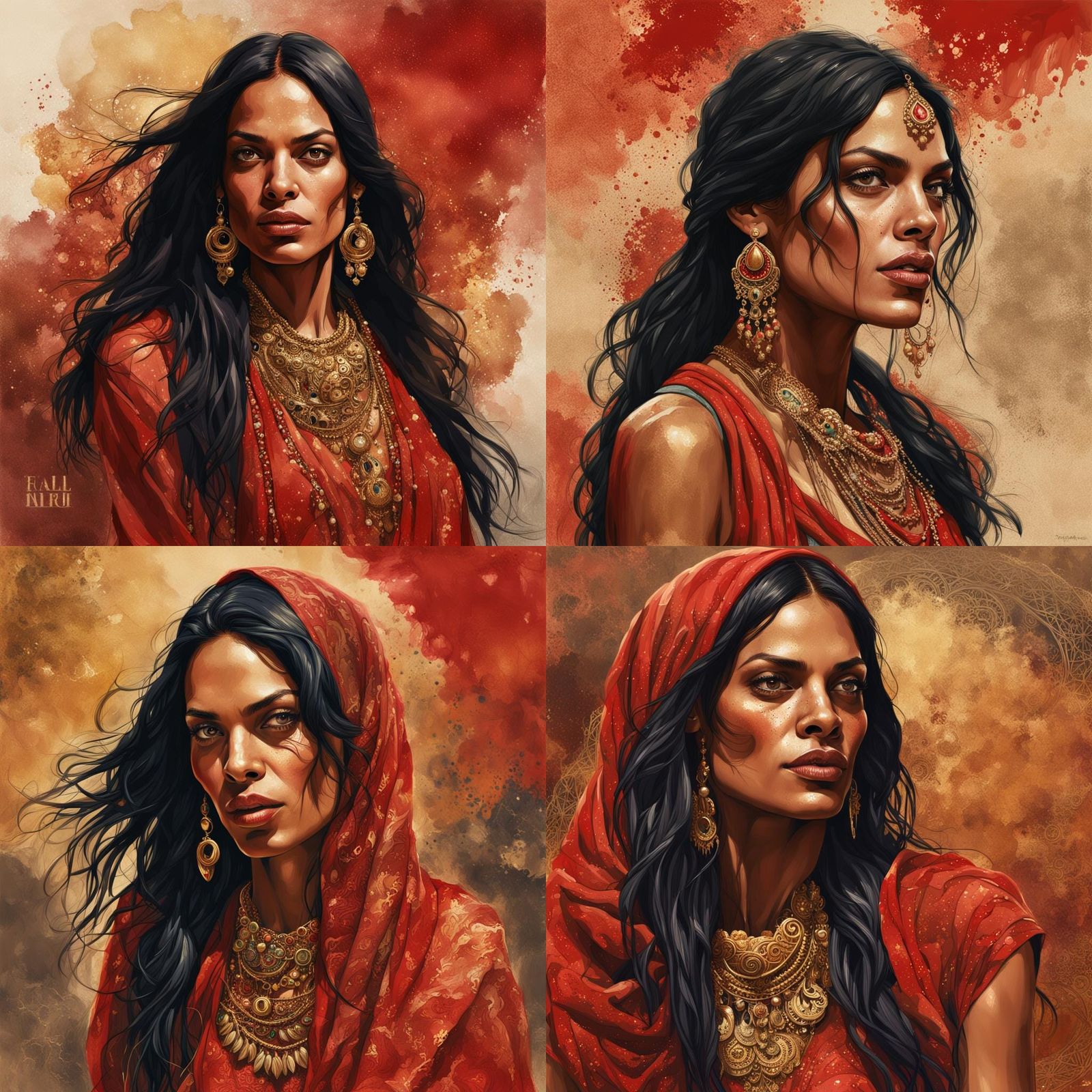 Hyperrealistic Portrait of Rosario Dawson in Red Hijab