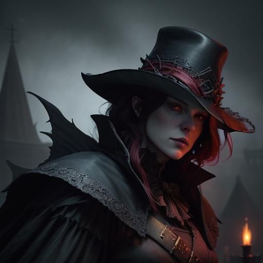 Bloodborne Tiefling in Gothic City at Dusk