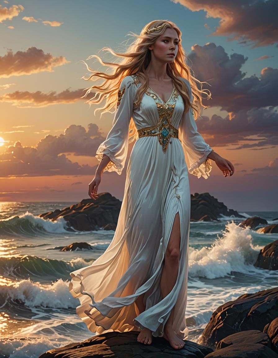 Blonde Woman on Ocean Rock at Sunset in Art Nouveau Style