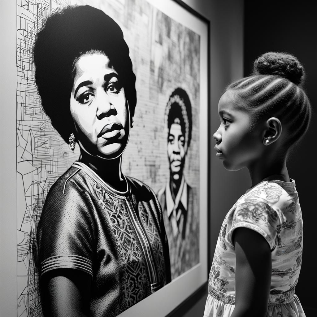 Young Girl Stares at Aretha Franklin Drawing