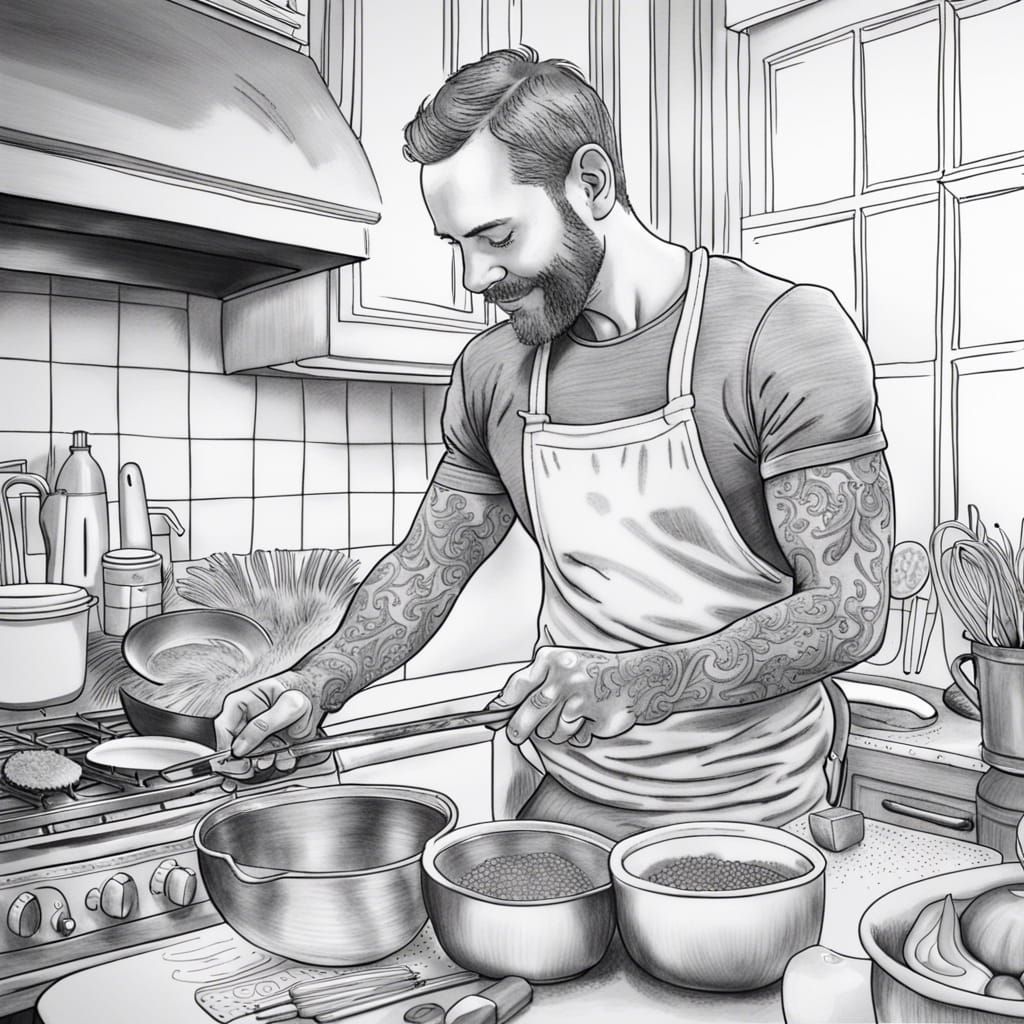 Gay Man Cooking: Hyperdetailed Charcoal Coloring Page