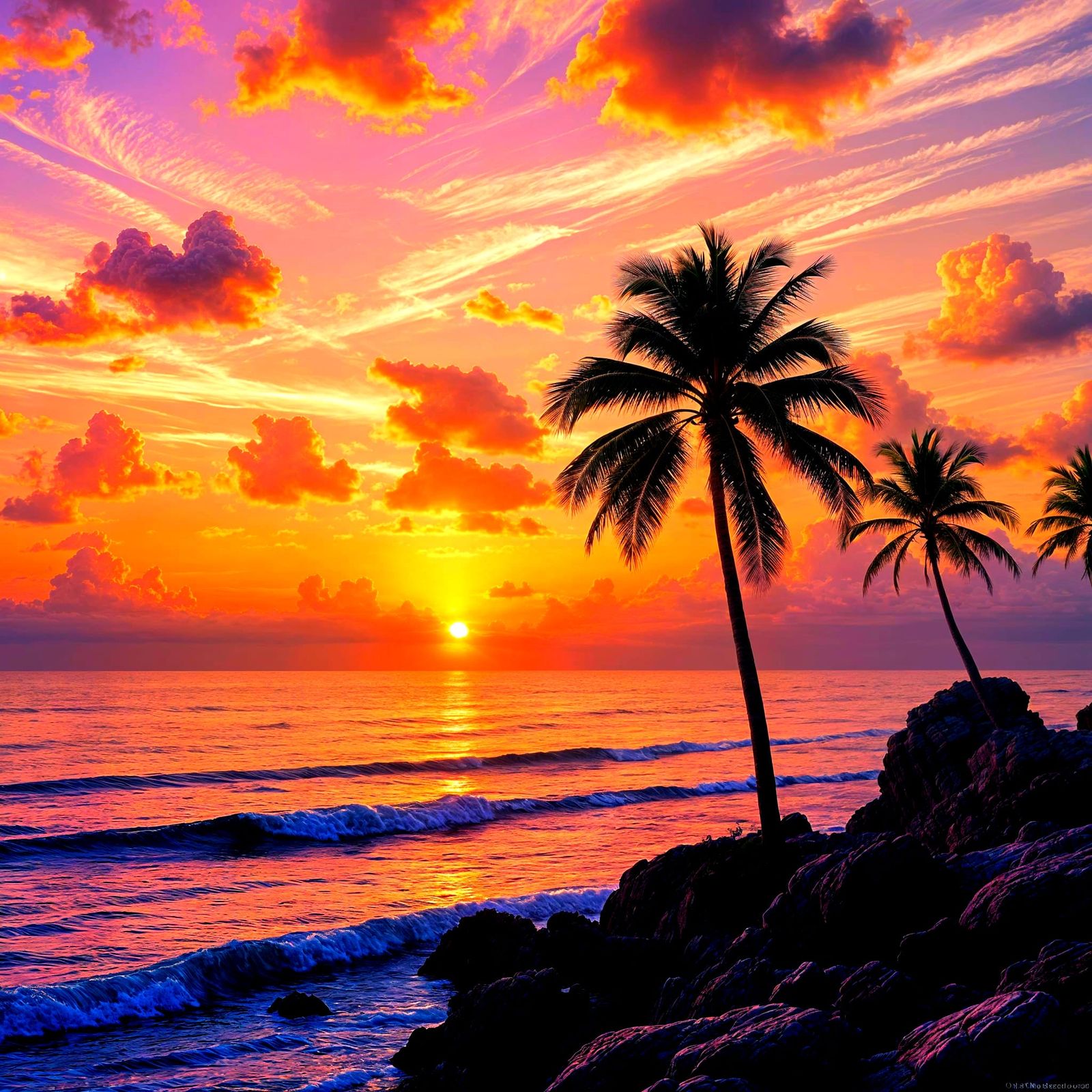 Surreal Sunset Over Purple Ocean with Palm Trees and Coastal...