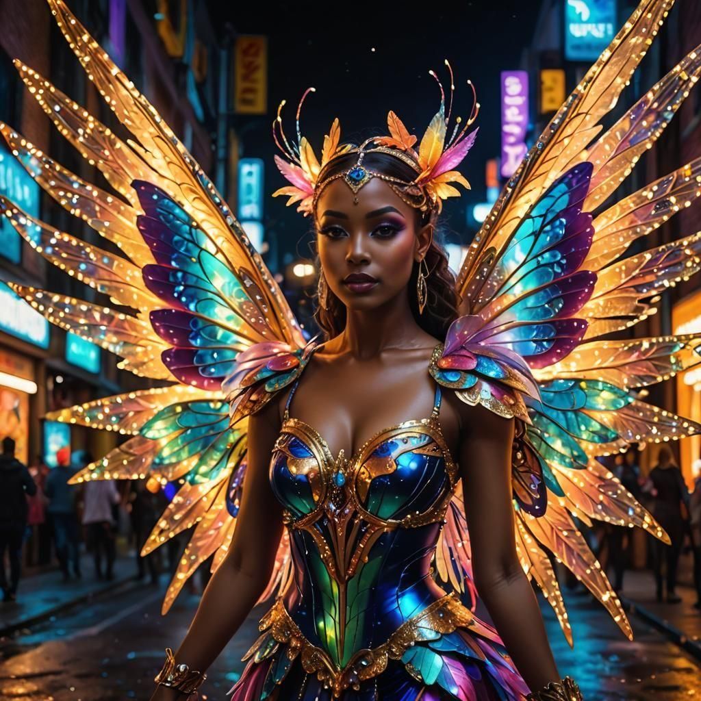 Vibrant Carnival Dancer with Intricate Fairy Wings