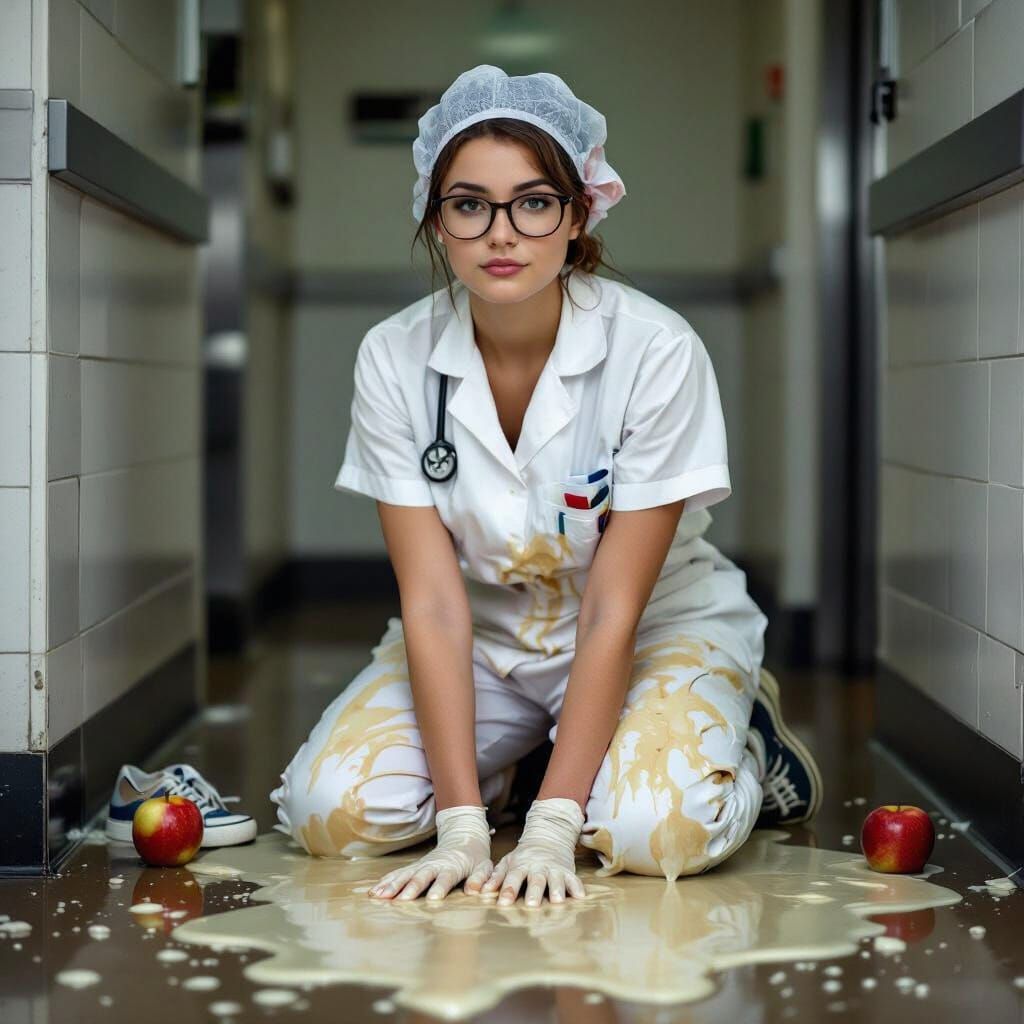 Realistic Photo of a Nurse in Worn Clothing