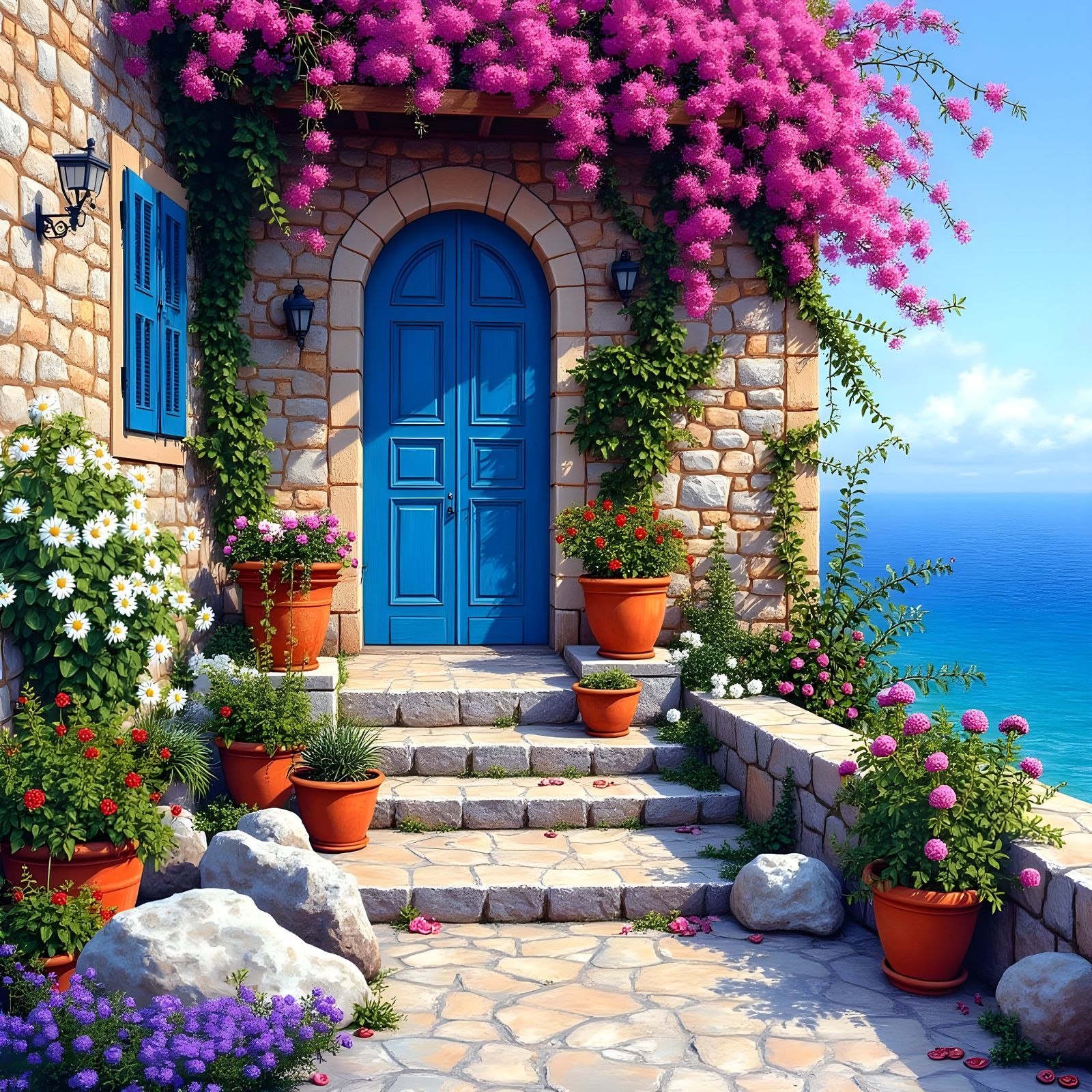 Mediterranean Doorway Scene with Turquoise Sea and Bougainvi...