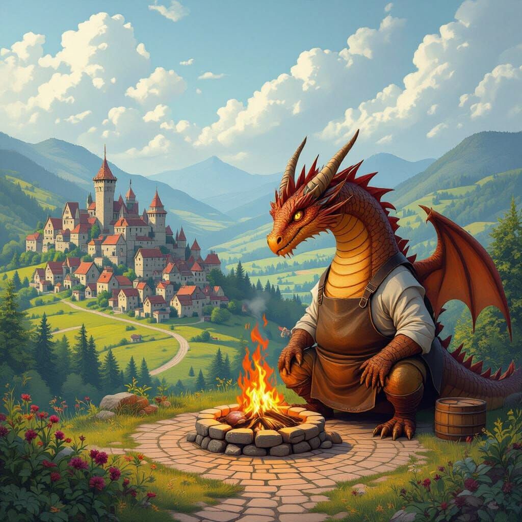 Dragon Chef Cooks Lamb in Whimsical Landscape