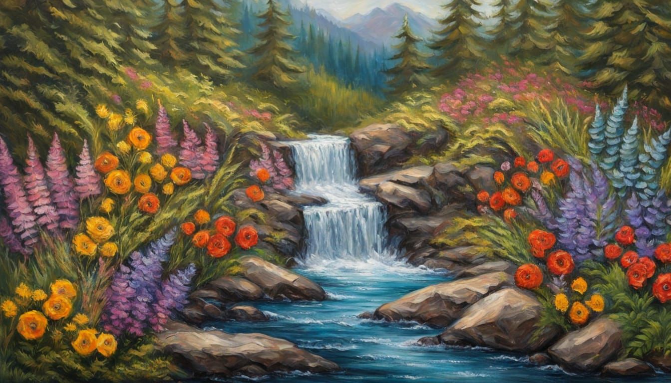 Textured Impasto Oil Painting of Waterfalls and Wildflowers