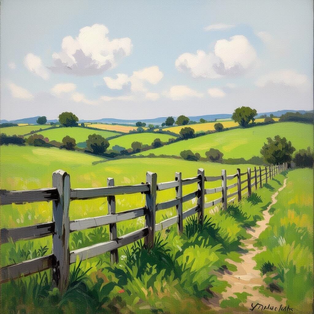 Impressionist Landscape of Wooden Fence on Rolling Hills
