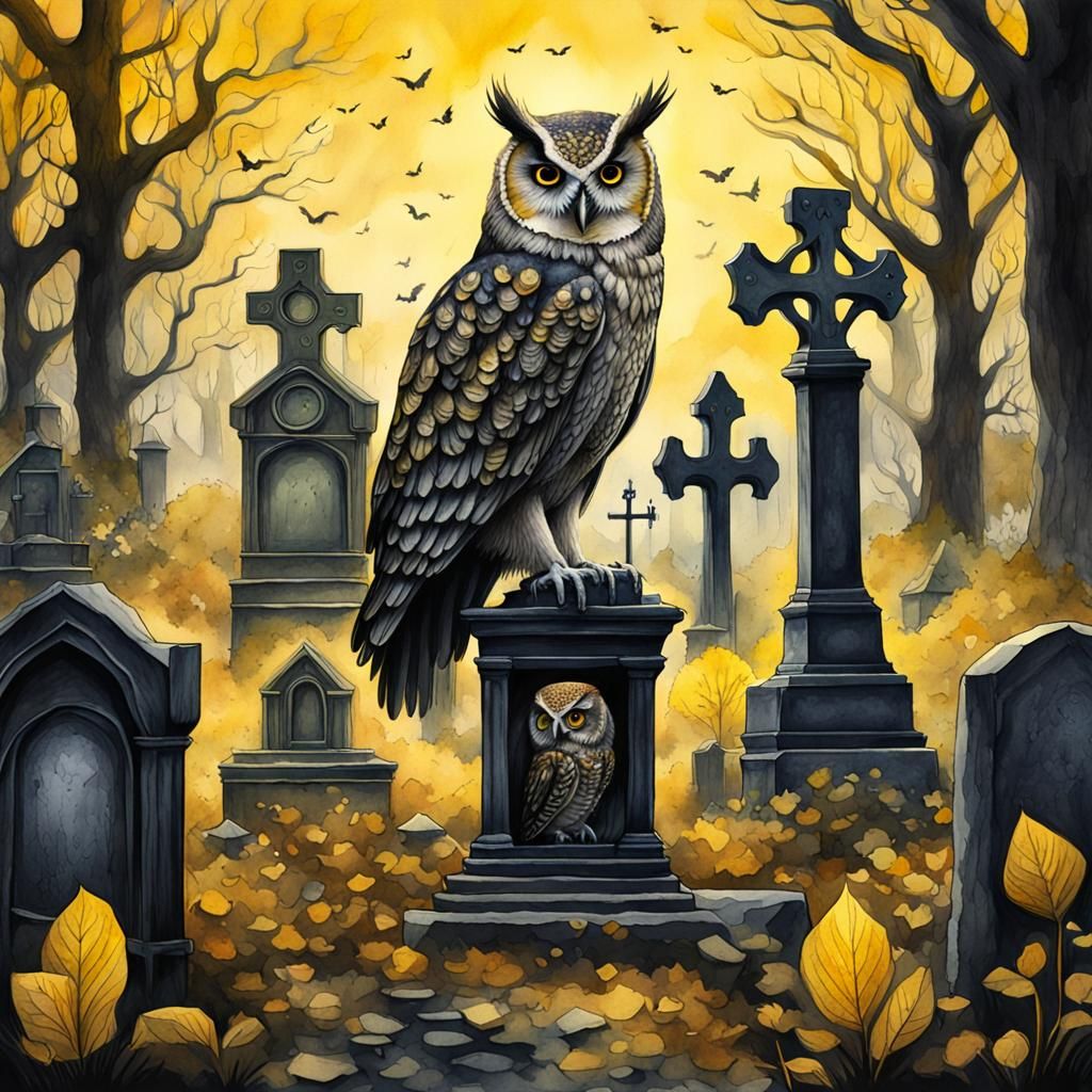 Gothic Graveyard with Owl: Watercolour Illustration