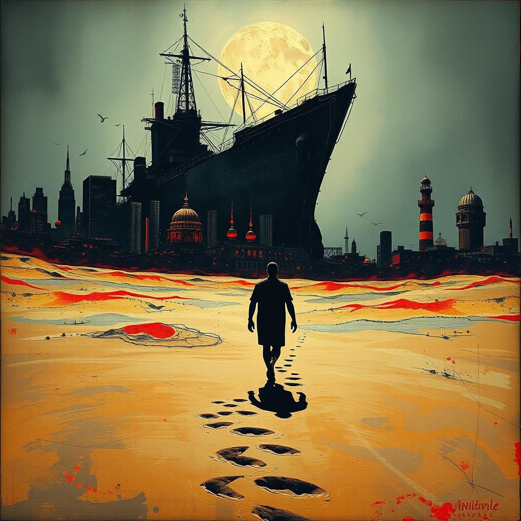 Dystopian Cityscape with Figure in Sand, Art Deco Style