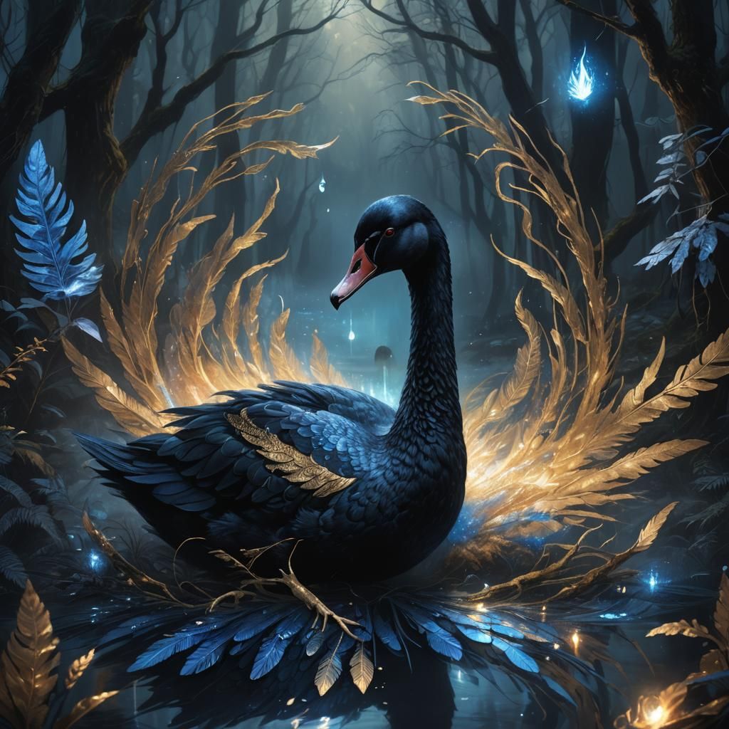 Mystical Black Swan with Glowing Runes in Dark Forest