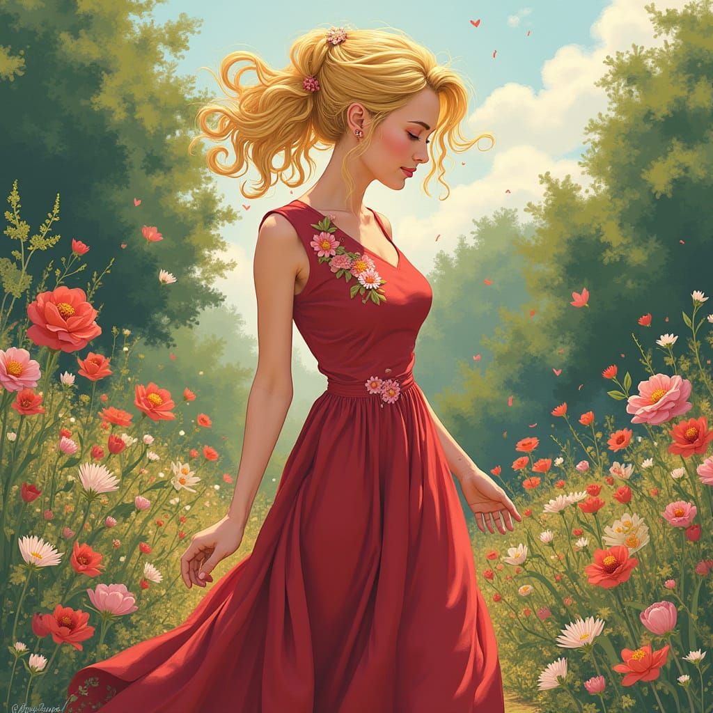 Woman in Garden: Acrylic Digital Art Style