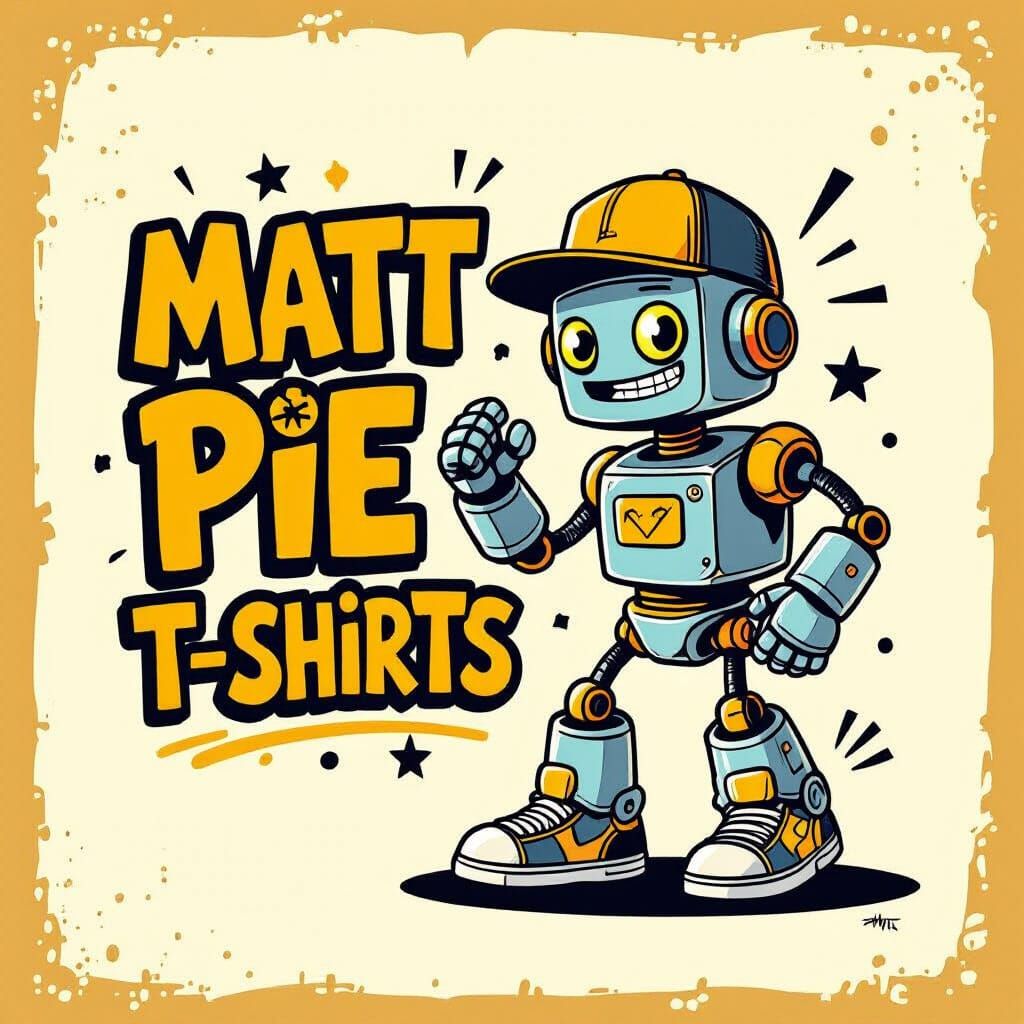 Retro Cartoon Robot Poses with Graffiti Text in Muted Colors