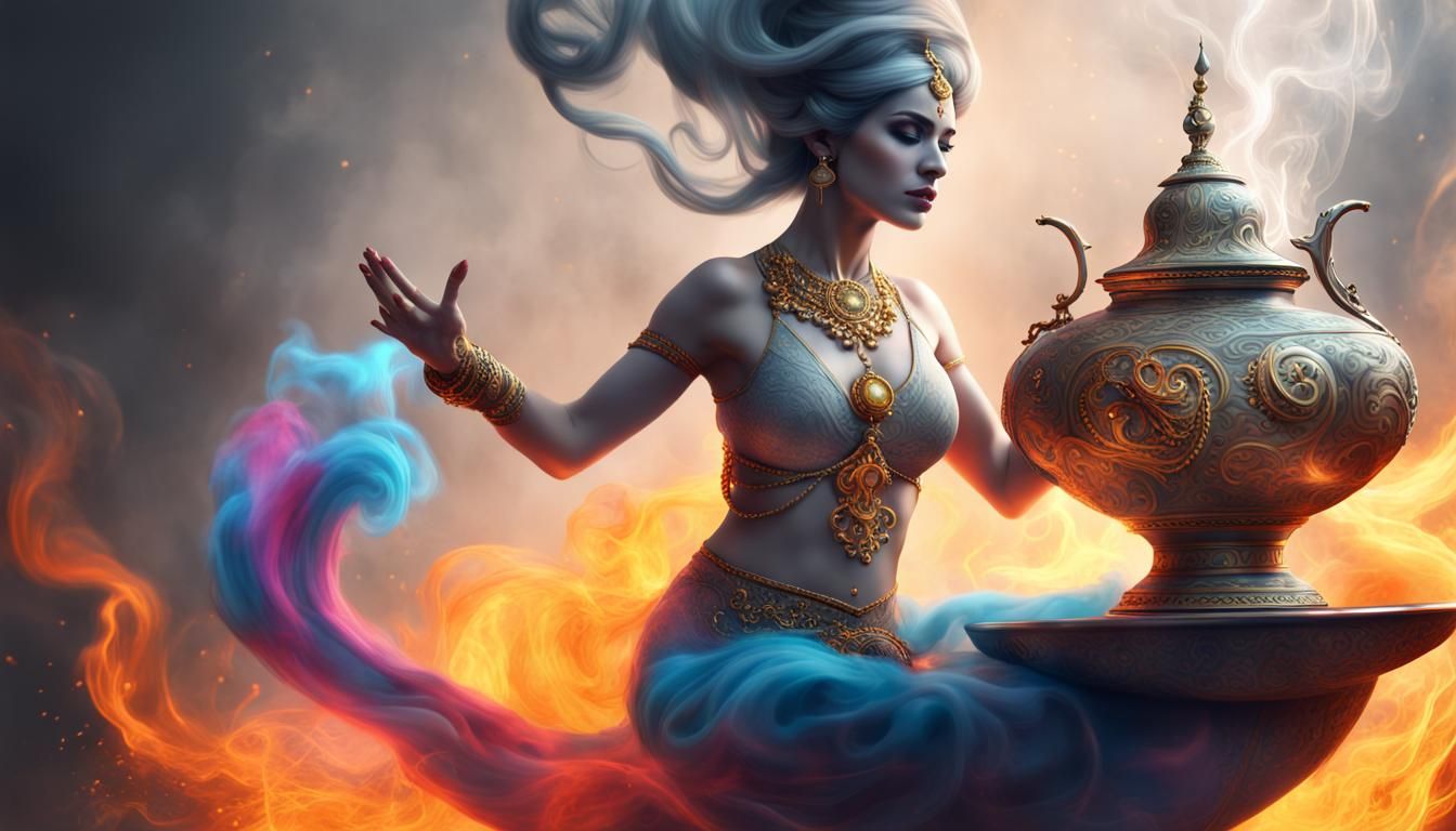 Female Genie Emerges from Magic Lamp in Surreal Digital Art