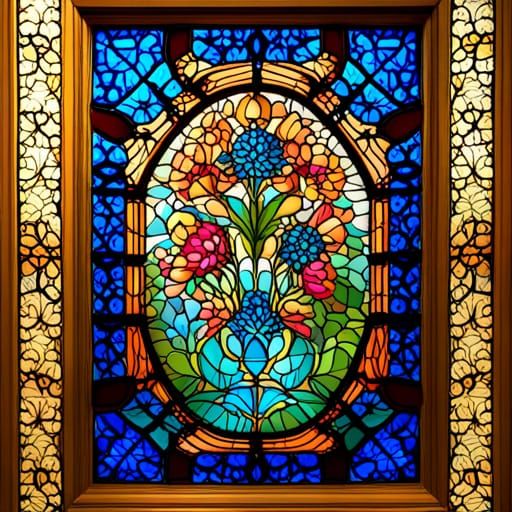 Stunning Stained-Glass Window with Blue Hues and Gold Frame