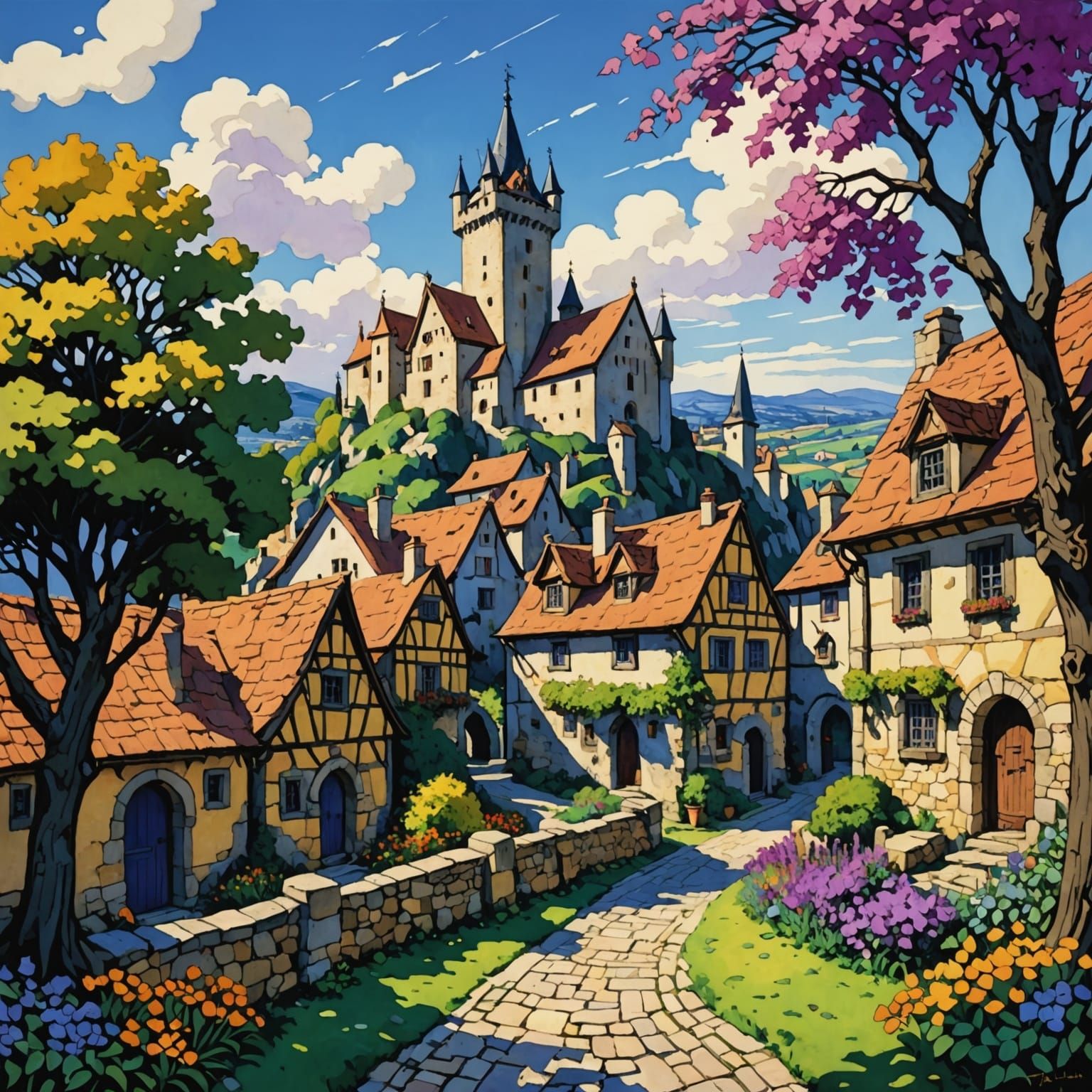 Impressionist Medieval Village with Castle in Vibrant Hues