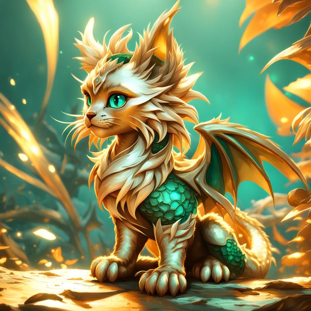 Golden Dragon Kitten with Green Eyes, Art Nouveau