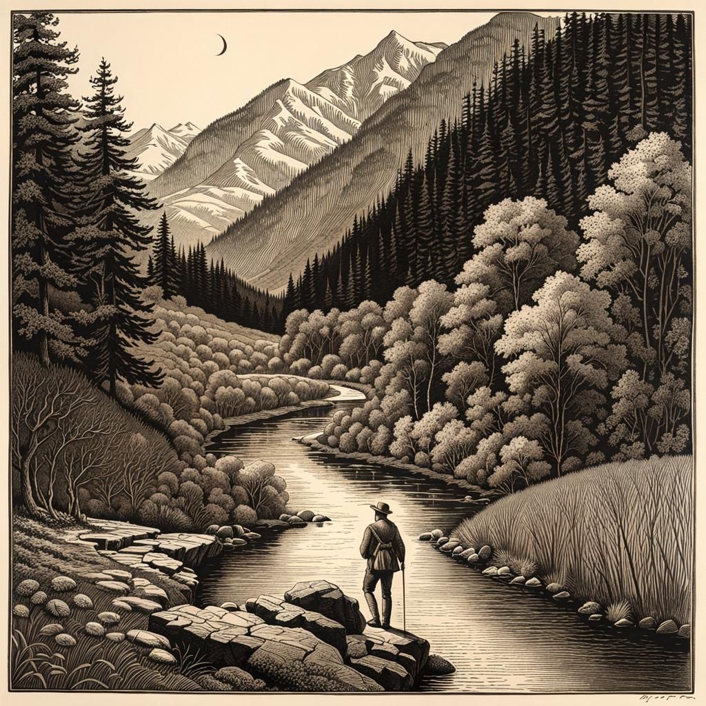 Intaglio Etching of Hiker in 1800s Valley