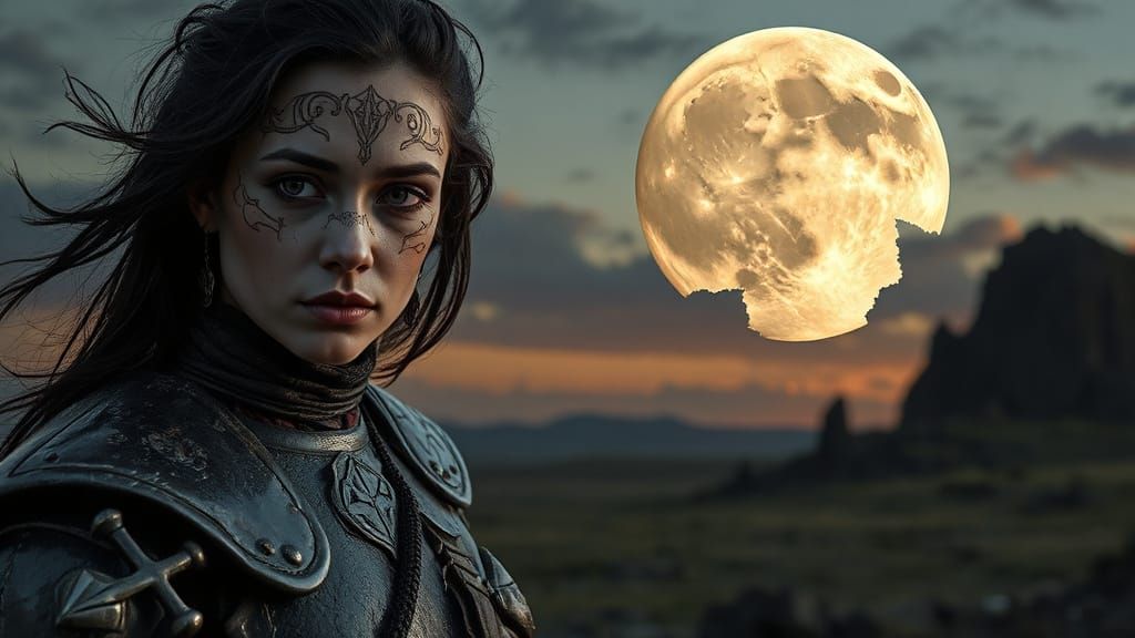 Goth Warrior Woman with Runic Face Etchings on Shattered Moo...