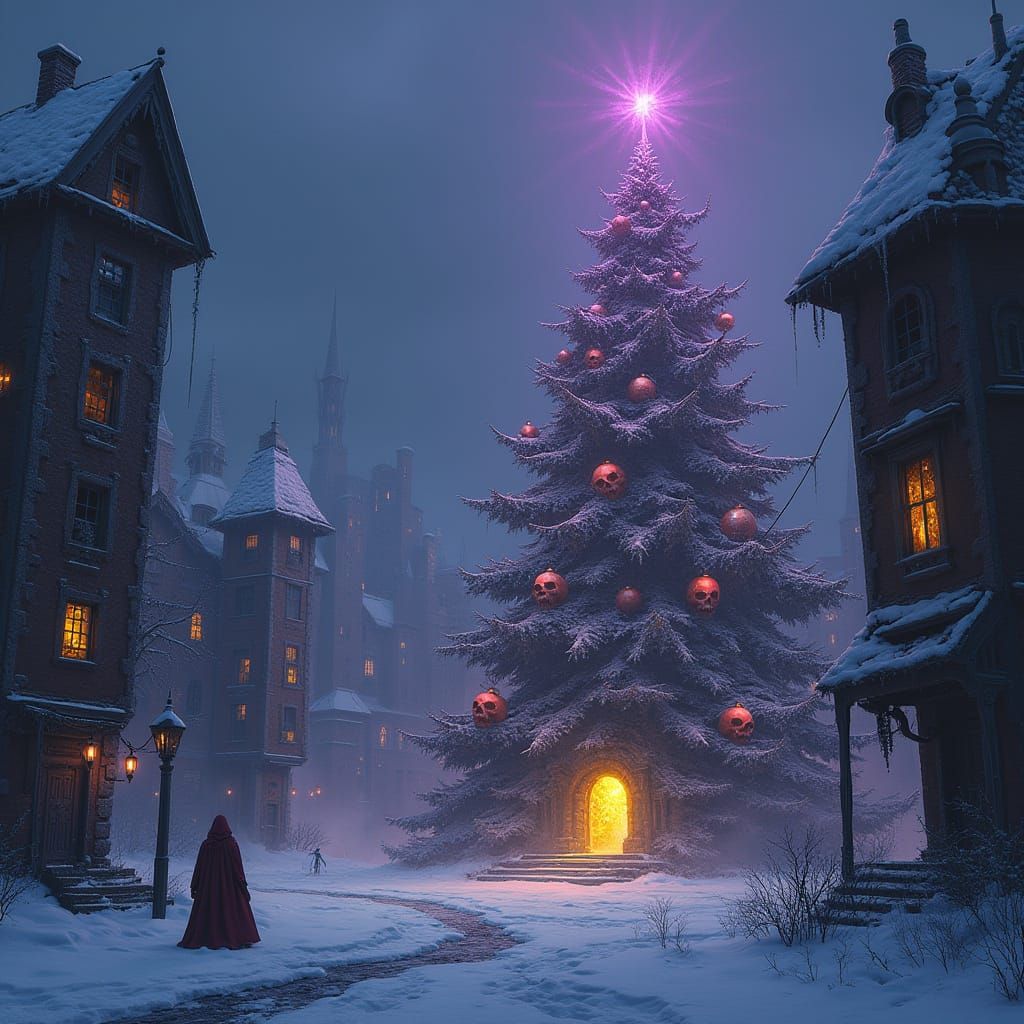 Eerie Spectral Christmas Tree in Dark Fantasy Scene