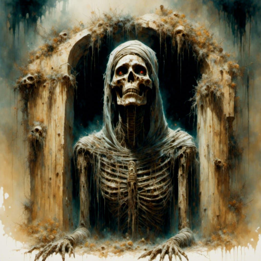 Macabre Mummy Emerges from Tomb in Chiaroscuro