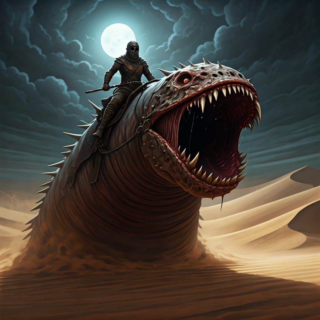 Warrior Rides Colossal Sandworm Under Moonlit Sky